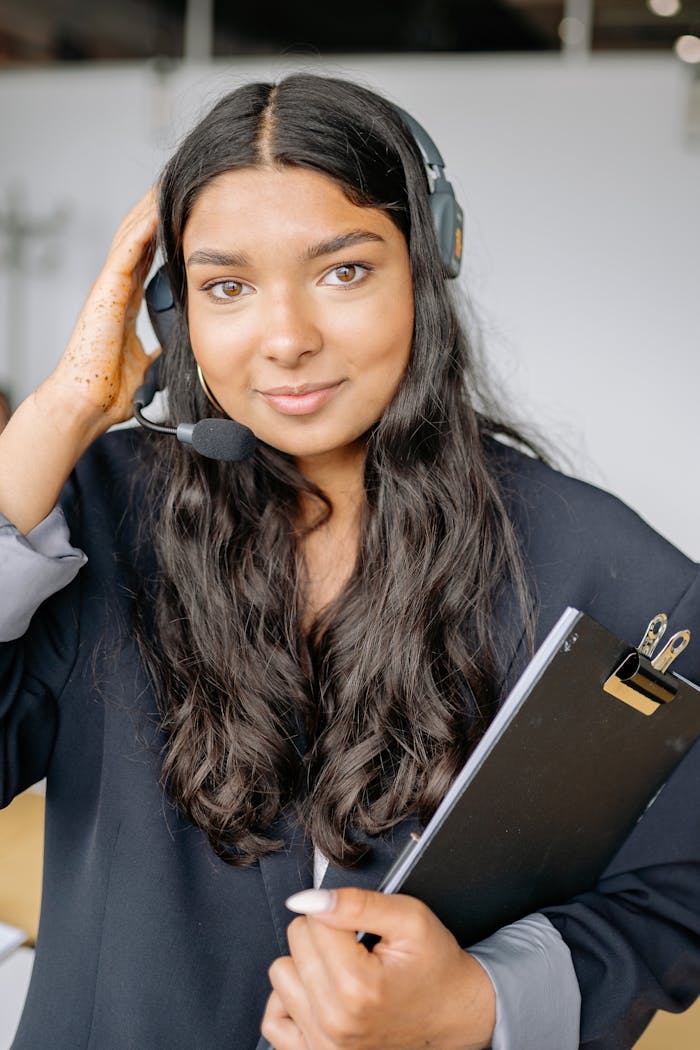 A Woman Using a Black Headphones while Holding a Clipboard